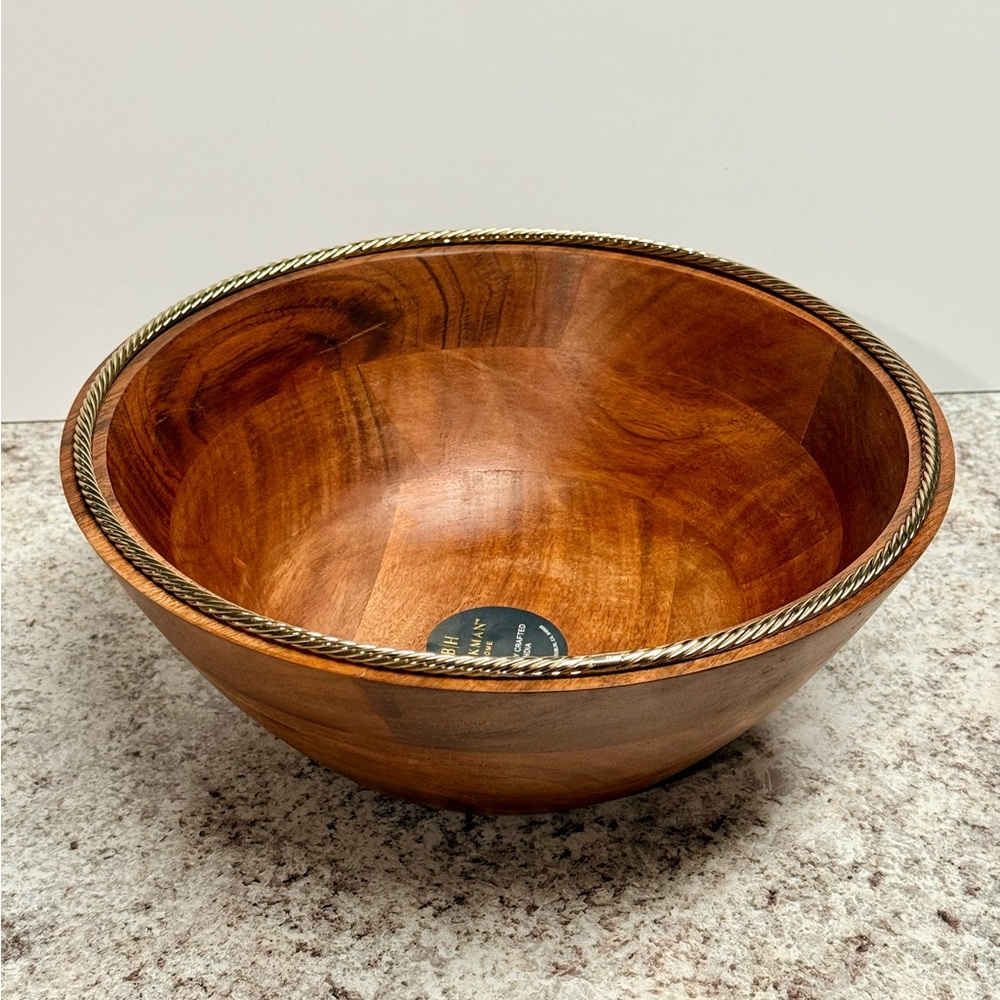 Large Wooden Serving Bowl with Gold Braided Rope Trim